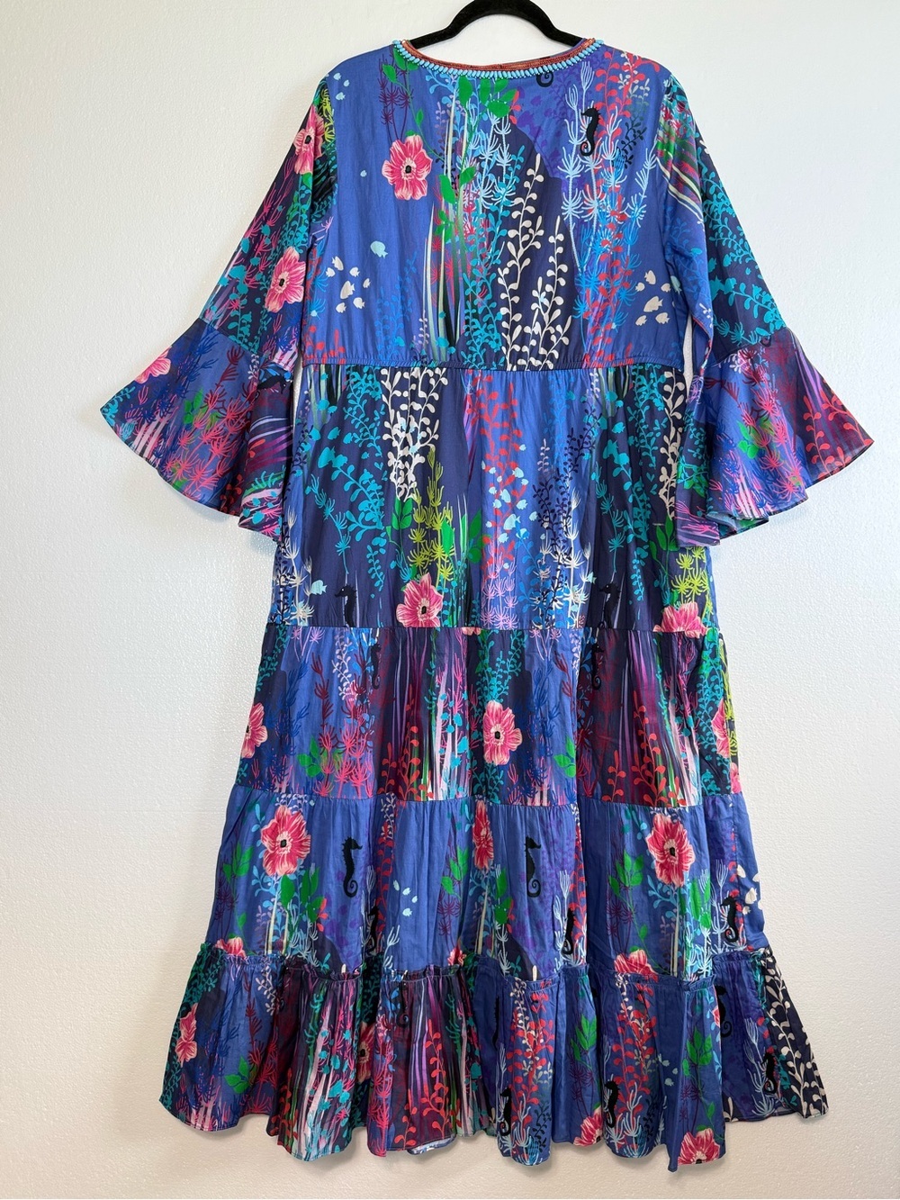 Soft Surroundings Martha Maxi Dress Blue Floral Reef Tiered Bell Sleeves Large - Picture 4 of 14